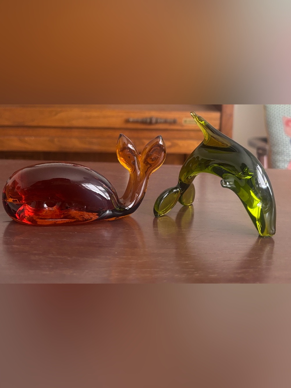 Handblown Glass Whale and Dolphin Figurines - Amber and Olive Green